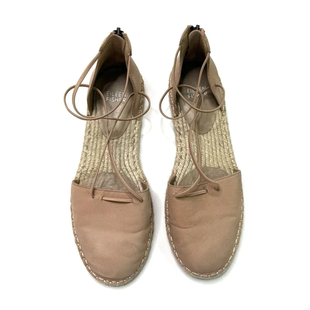 Eileen Fisher Lace-Up Tan/Pink Suede‎ Espadrille Sandal Size 7.5 Strappy Zip